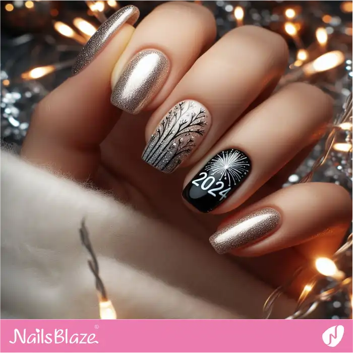 Black and Silver New Year's Nail Design with Glitter | 2024 Nails - NB3719
